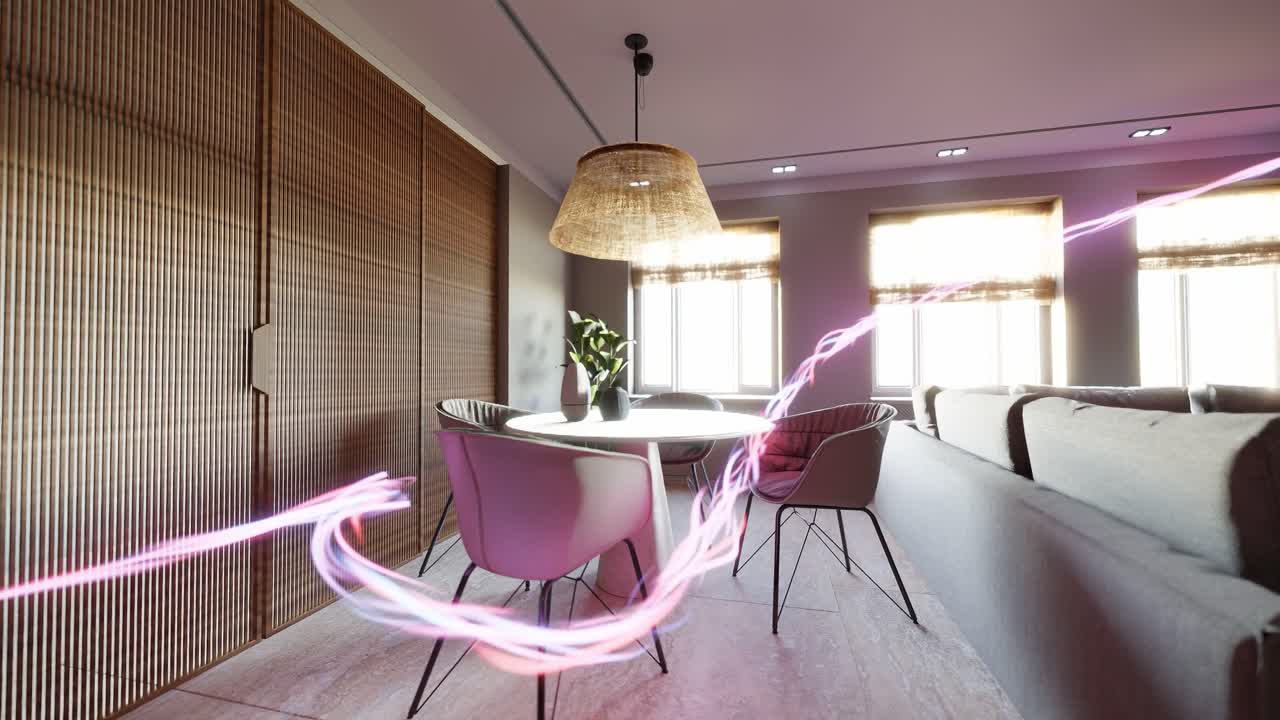 Cozy modern dining area with round table, pink chairs, woven pendant lamp, and wooden wall panels, with light trails suggesting movement. Interior design, home decor, and contemporary living concept