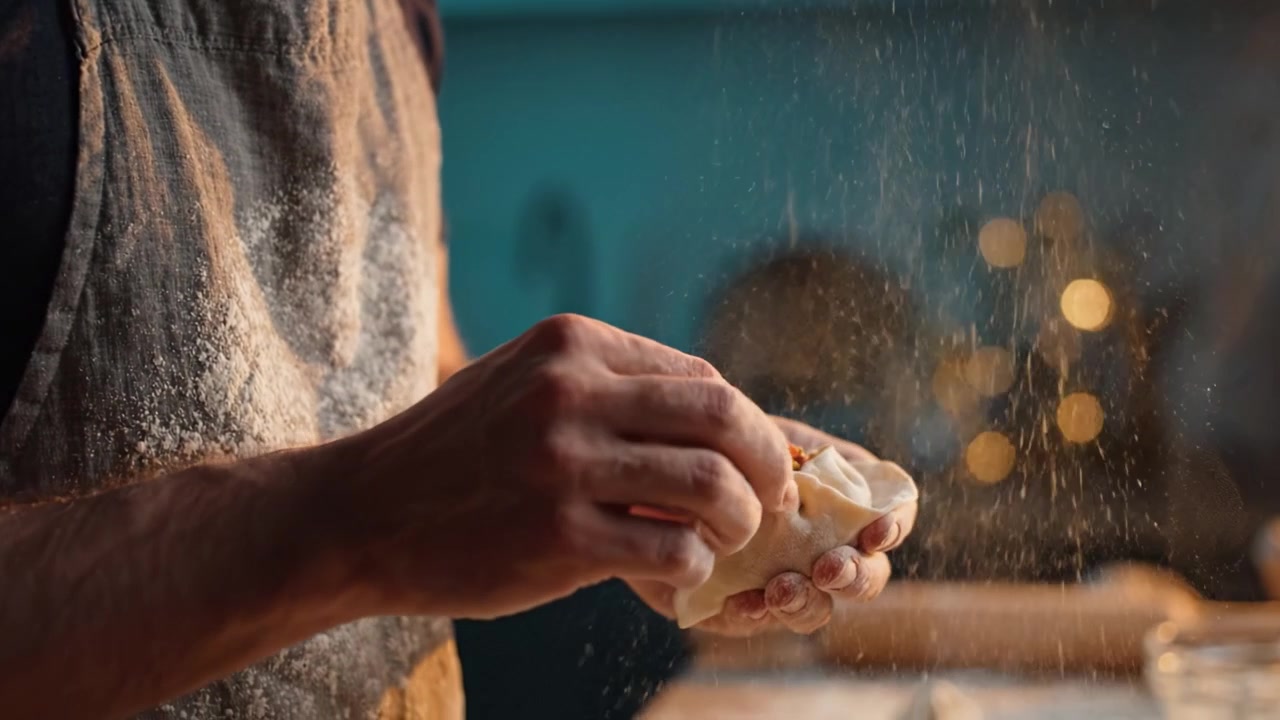 A Skilled Hand Crafting Dumplings with Care: The Art of Making Delicious Dumplings in a Cozy Kitchen Environment Surrounded by Flour and Warm Light