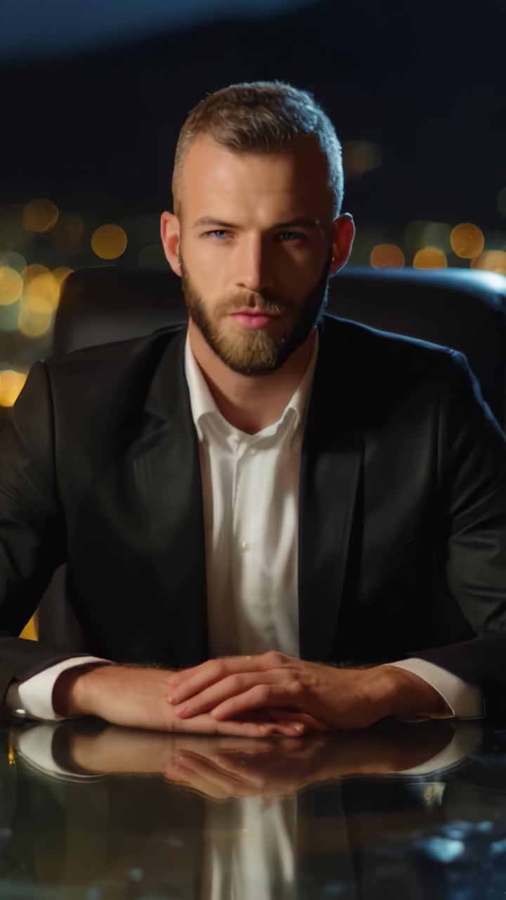 A focused individual in a black suit and white shirt reflects deeply while sitting at a polished desk, with a backdrop of city lights twinkling at night