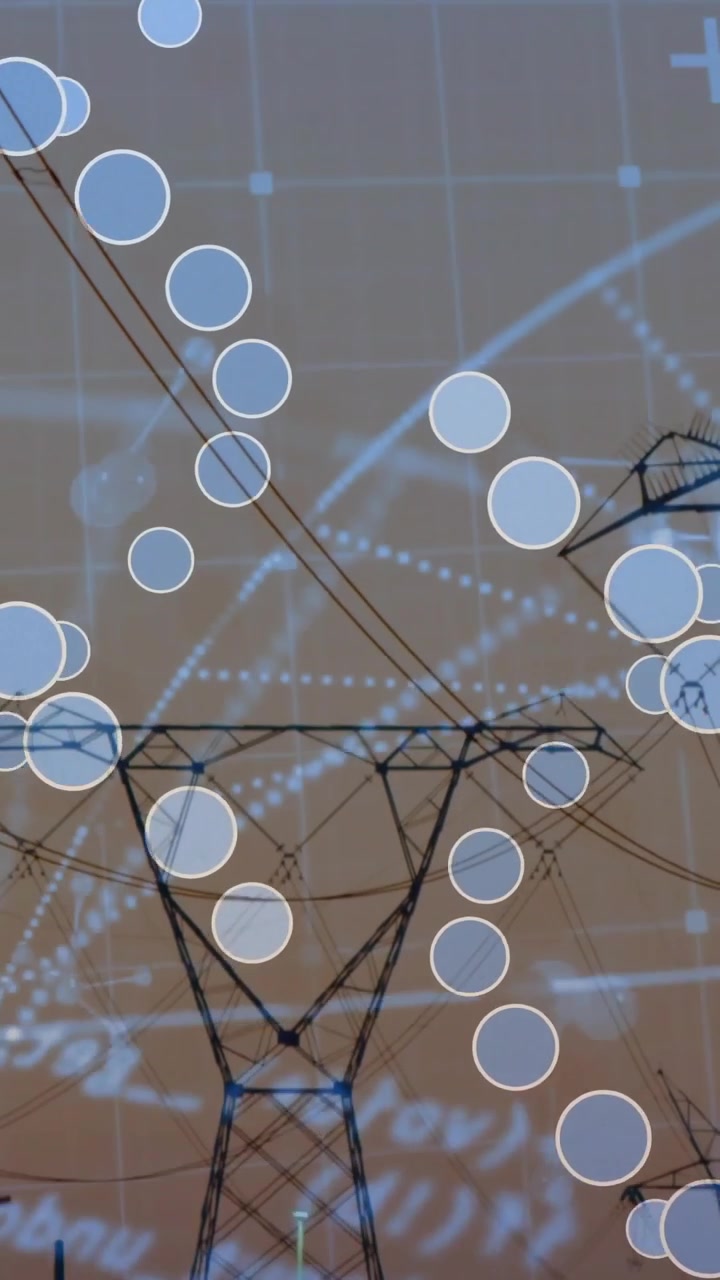 Vertical video: Data pulse firing main tower and wires guiding falling blue dots showing grid load