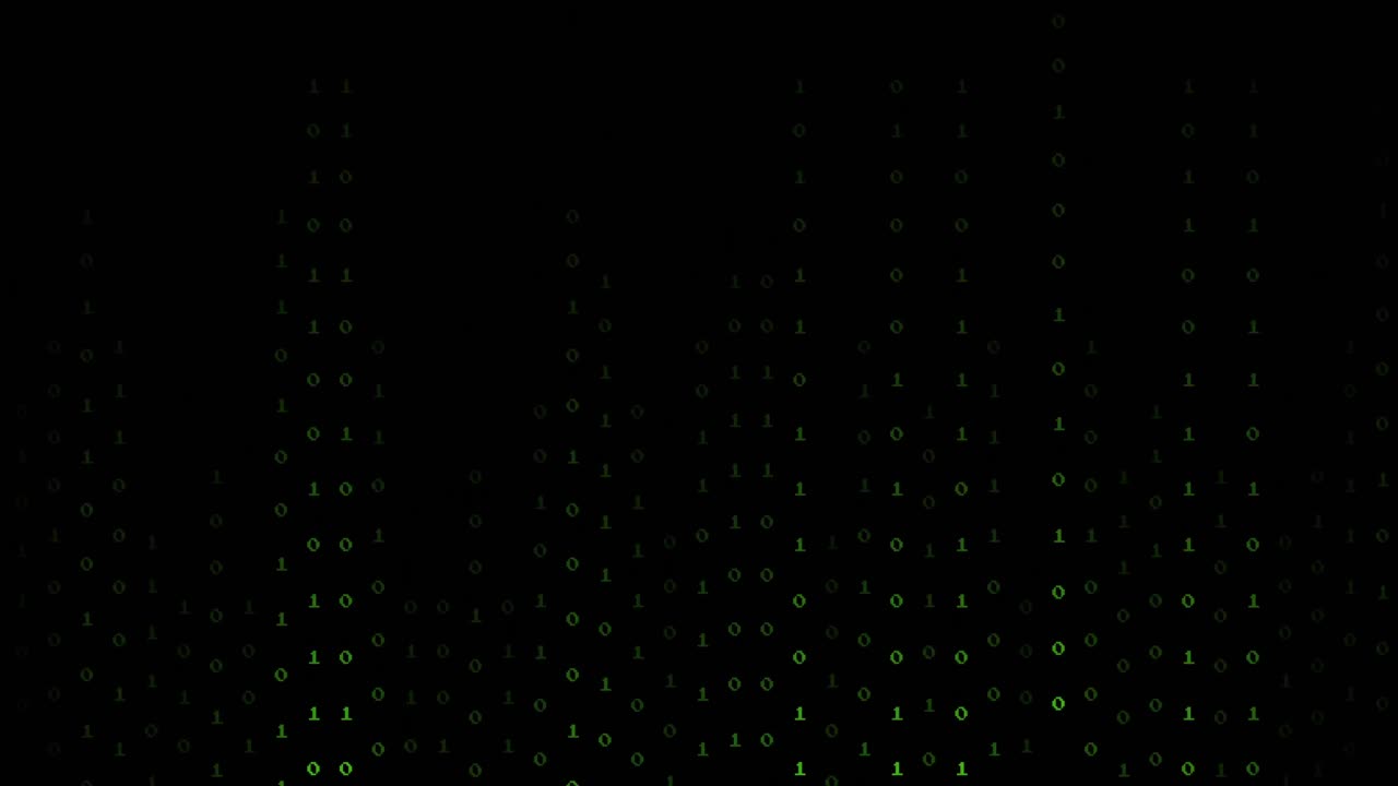 Animation of green binary coding data processing over black background