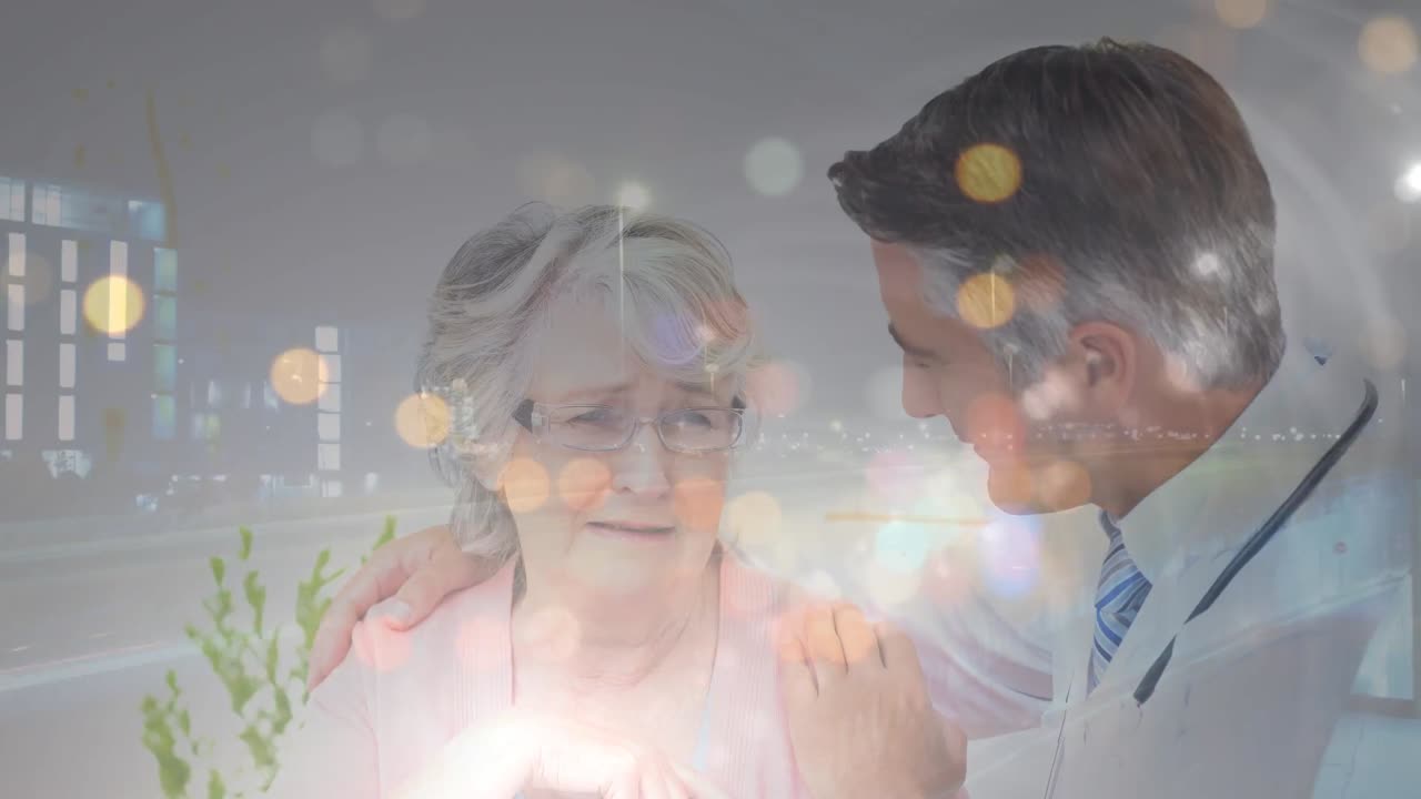 노인 여성 환자를 지원하는 백인 남성 의사에 대한 야간 도로 교통의 애니메이션