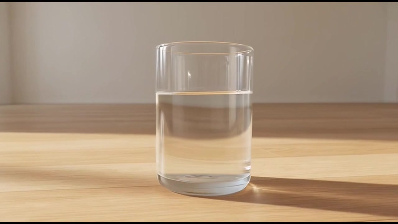 Bicchiere d'acqua su pavimento di legno illuminato dal sole