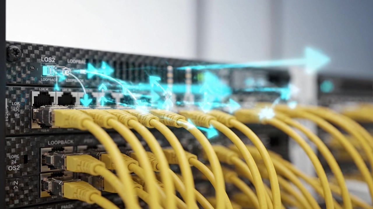 Network Data Transfer Visualized: A Close-Up on Cabling and Signal Flow in Advanced Ethernet Networking Equipment with Yellow Cables Interconnected