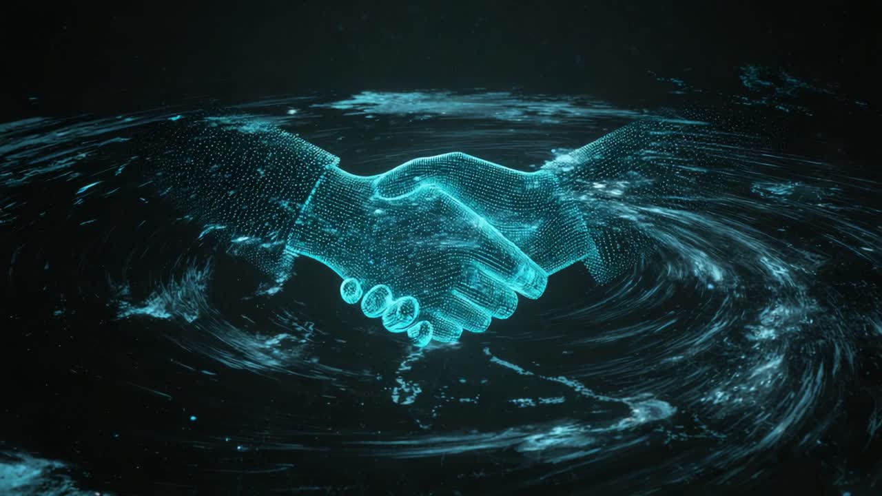 Two digital hands made of glowing particles forming a handshake over a stylized planet Earth, symbolizing global business deals, international partnerships, technology, and futuristic communication