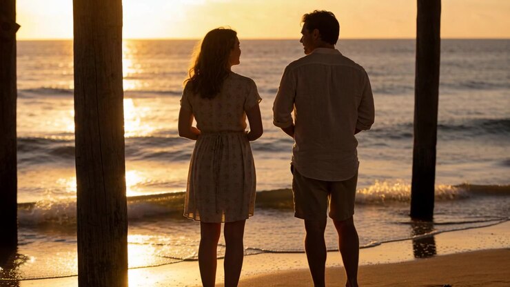 Couple marchant en robe, chemise à manches longues et short sous une jetée, le soleil couchant se dirigeant vers l'horizon.