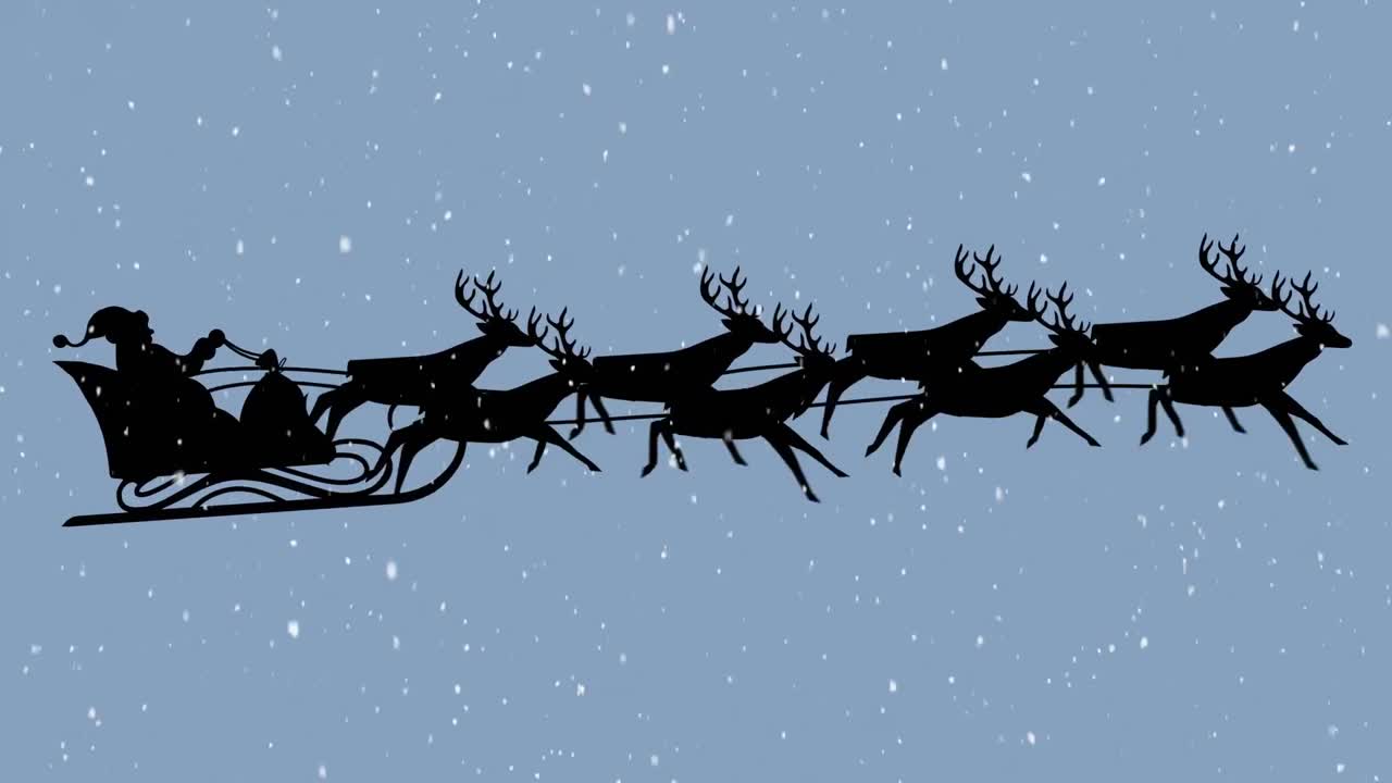 Animation of snow falling over santa claus in sleigh with reindeer