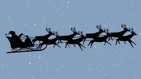 Animation-of-snow-falling-over-santa-claus-in-sleigh-with-reindeer