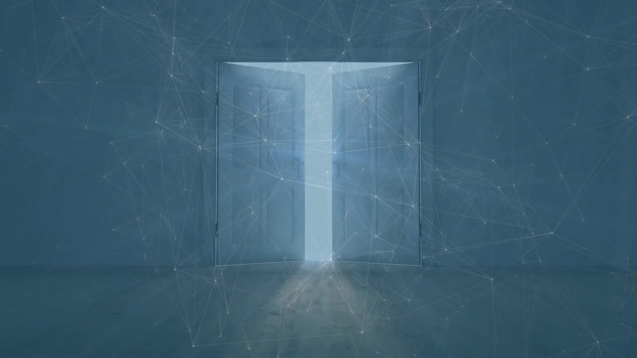 Network of connections and data processing over opening door on wooden plank against clouds in sky