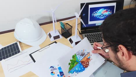 designer reviewing artwork about global warming and nature