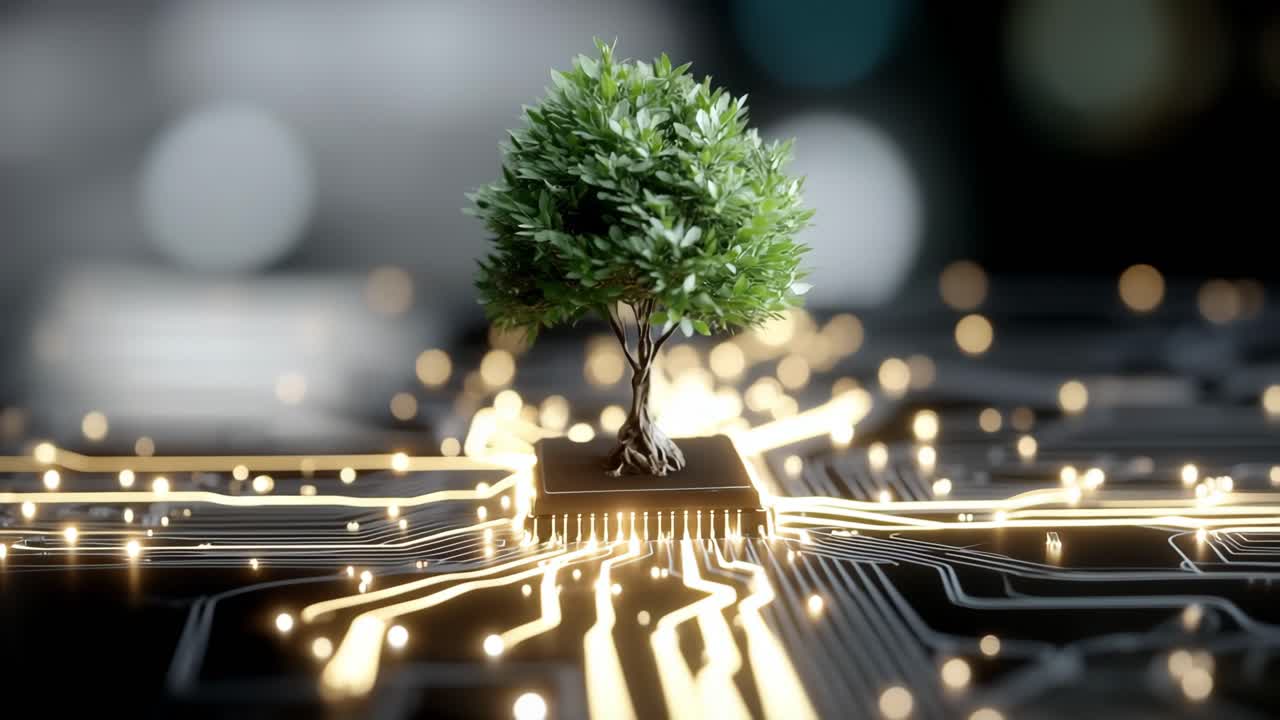 Tech links nature and circuits. A tiny tree grows from a computer chip amid glowing circuits, symbolizing nature and technology merging.