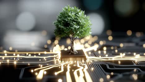tech links nature and circuits. a tiny tree grows from a computer chip amid glowing circuits, symbolizing nature and technology merging.