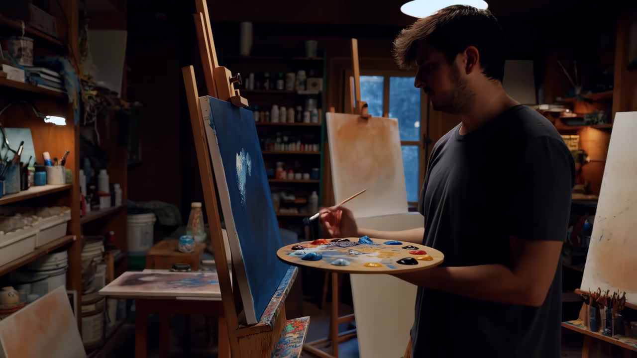 Kunstner maler på lærred i et atelier