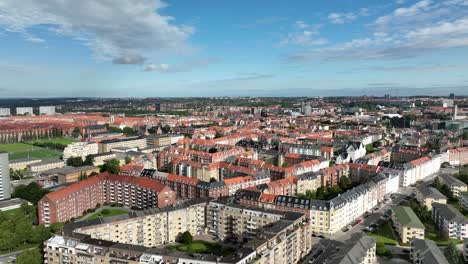 Aerial-establishing-shot-over-Aarhus-Denmark,-in-borough-of-Frederiksbjerg