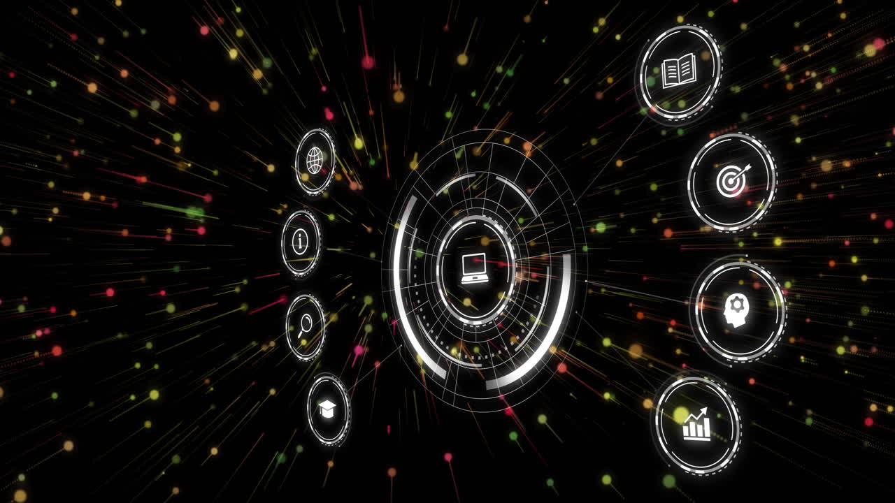animación del procesamiento de datos e íconos sobre puntos de luz sobre fondo negro