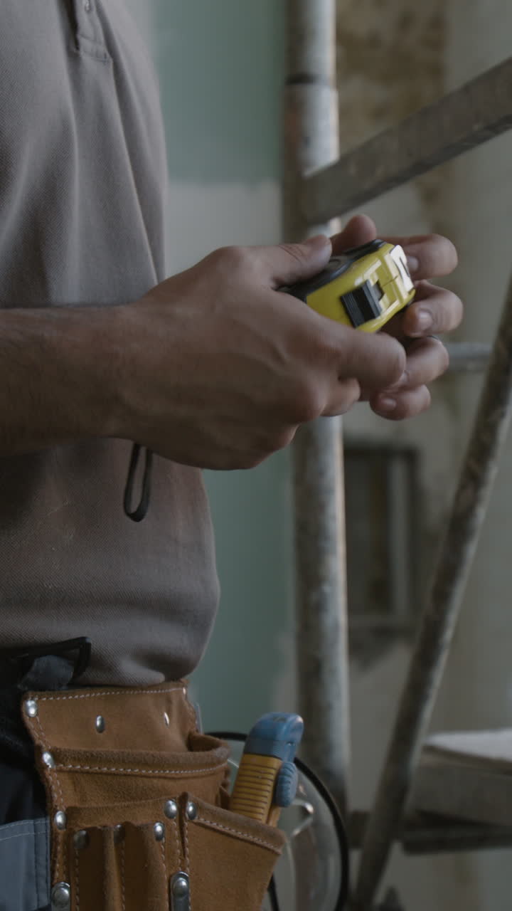 Construction worker using a tape measure