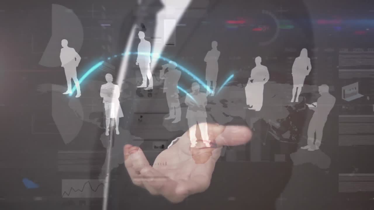 인터페이스와 데이터 처리를 사용하여 사람들을 연결하는 애니메이션, 세계 지도 및 사업가