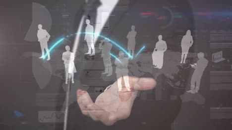 animación de la conexión de personas, mapa del mundo y hombre de negocios utilizando interfaz y procesamiento de datos