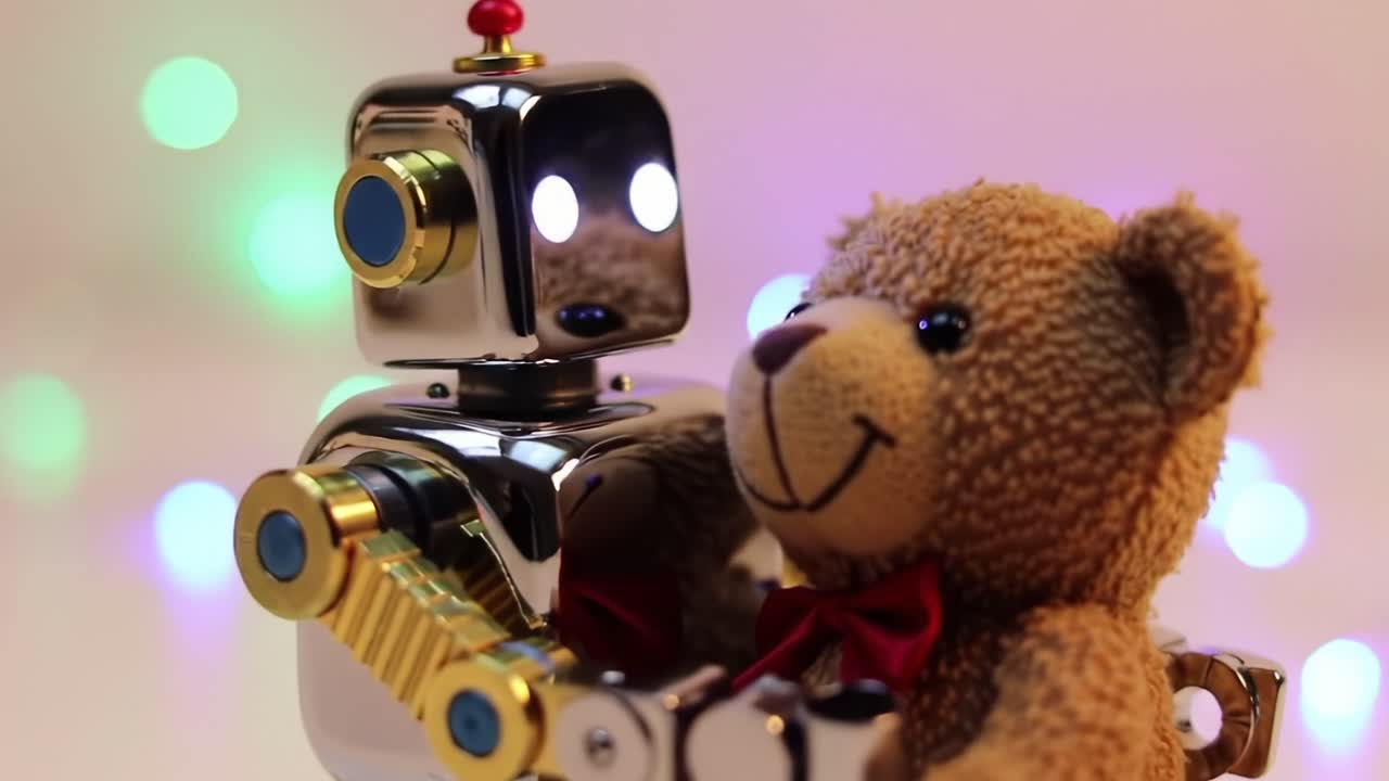 A Charming Encounter: A Playful Robot with a Heartwarming Teddy Bear, Celebrating Friendship and Joy in a Colorful, Cheerful Environment Filled with Soft Lights