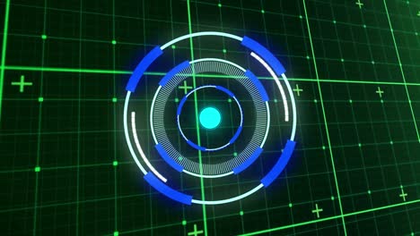 Animation-of-neon-round-scanner-spinning-over-grid-network-against-green-background