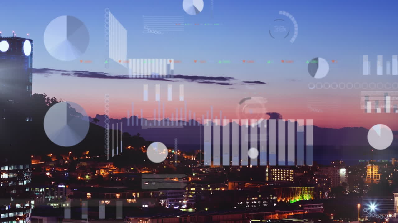 도시 풍경 위의 금융 데이터 처리 애니메이션