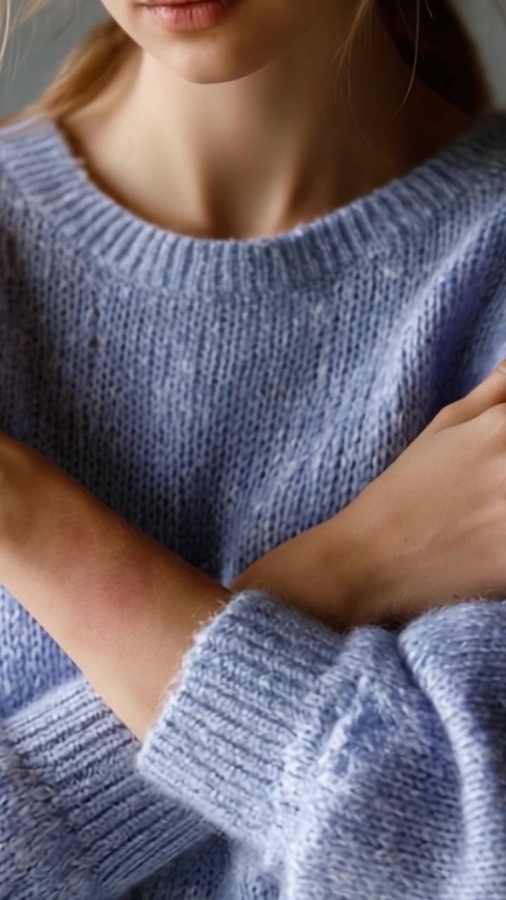 A Close-up View of a Soft Blue Sweater, Capturing the Texture and Elegant Fit, Highlighting the Comfort and Style in Cozy Indoor Lighting