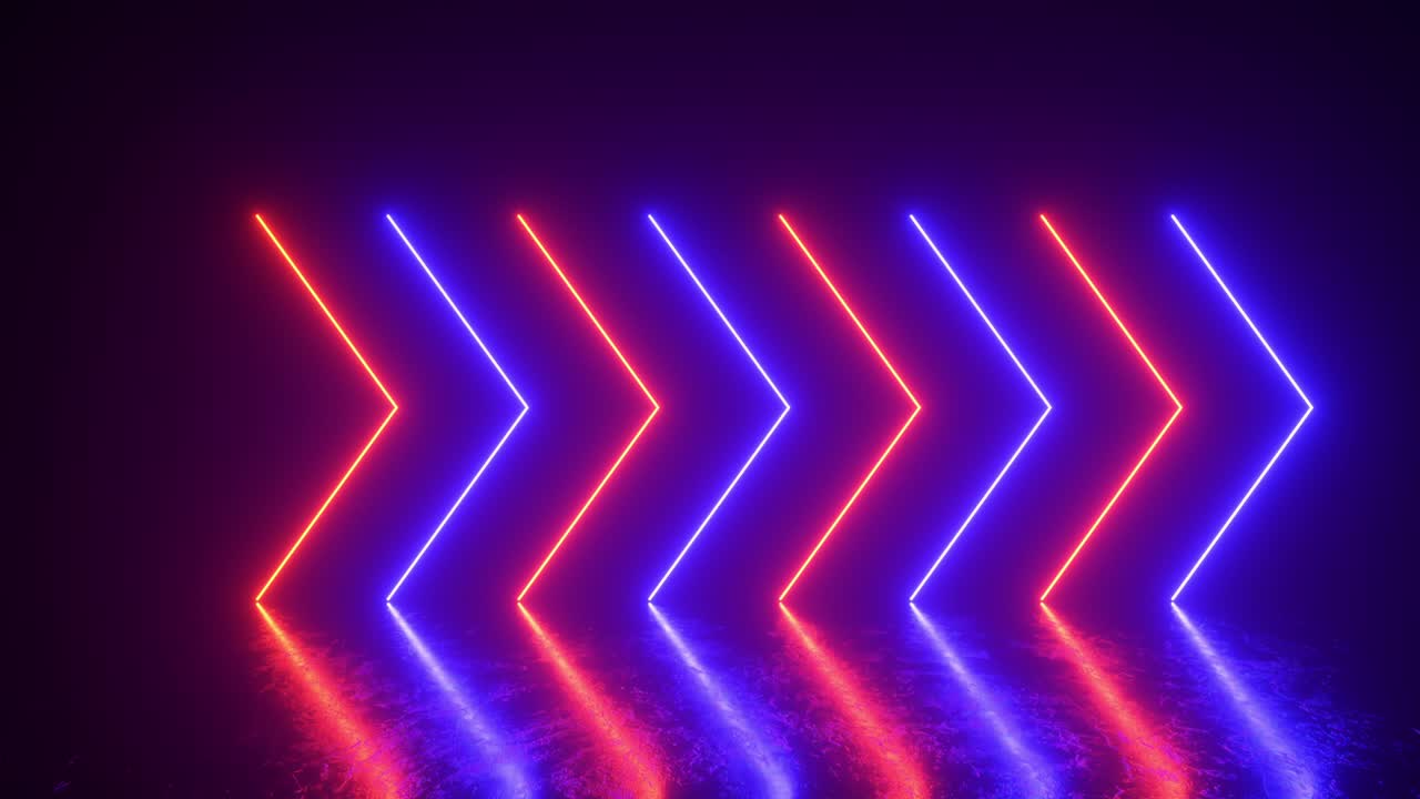 Frecce al neon luminose e lampeggianti si accendono e si spengono indicando la direzione. Sfondo astratto, spettacolo laser. Tendenze colore neon blu fantasma e spettro luminoso lava lussureggiante. Rendering 3D in loop continuo