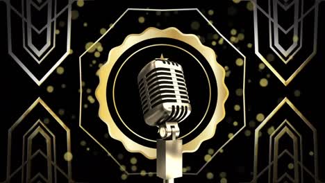 animation of microphone over golden spots and abtract shapes in seamless pattern on black background