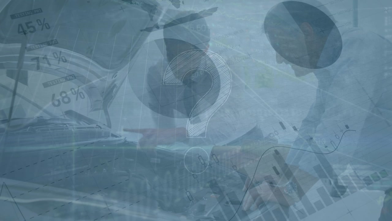 Animazione di un globo ed elaborazione dati su professionisti che usano cuffie telefoniche.