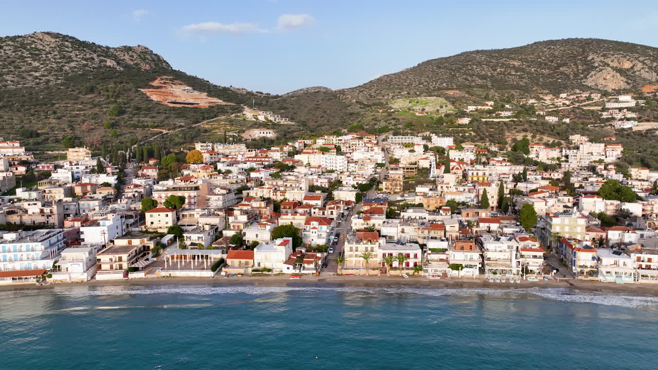 Aerial footage around the beach of Tolo village in the Peloponnese, Greece