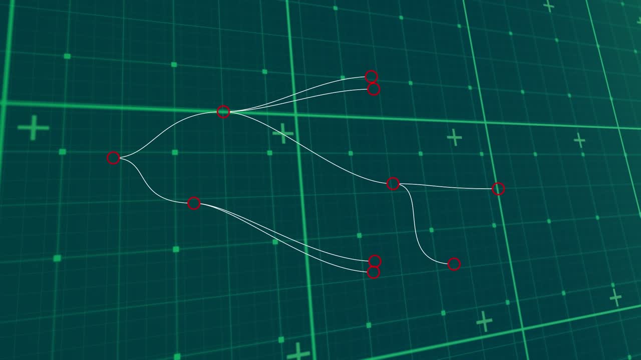 Animation of moving grid and dna chain over data processing in blue and black space