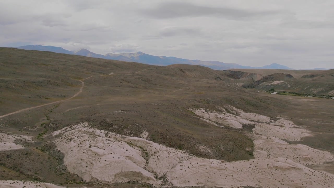 Riprese drone di calanchi di argilla chiara e colline erose conosciute come Paesaggio Lunare nei Monti Altai, Russia, con arbusti sparsi e tortuosi canaloni asciutti