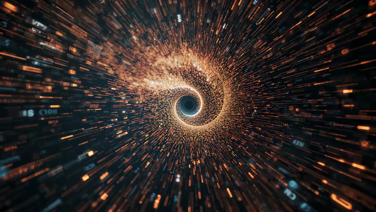 Sequence starting luminous spiral vortex tightening in digital tunnel, forming rushing data stream