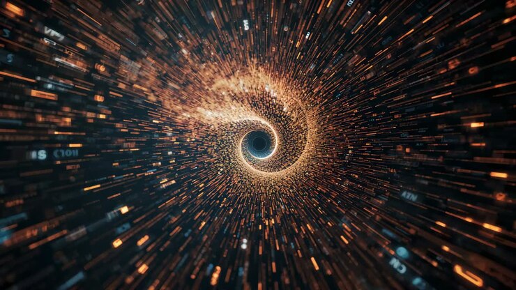 Sequence starting luminous spiral vortex tightening in digital tunnel, forming rushing data stream