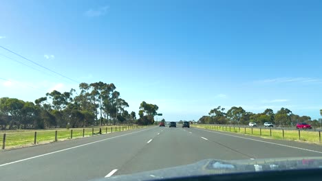 a scenic drive on great ocean road with clear skies, lush greenery, and smooth asphalt, captured in bright daylight