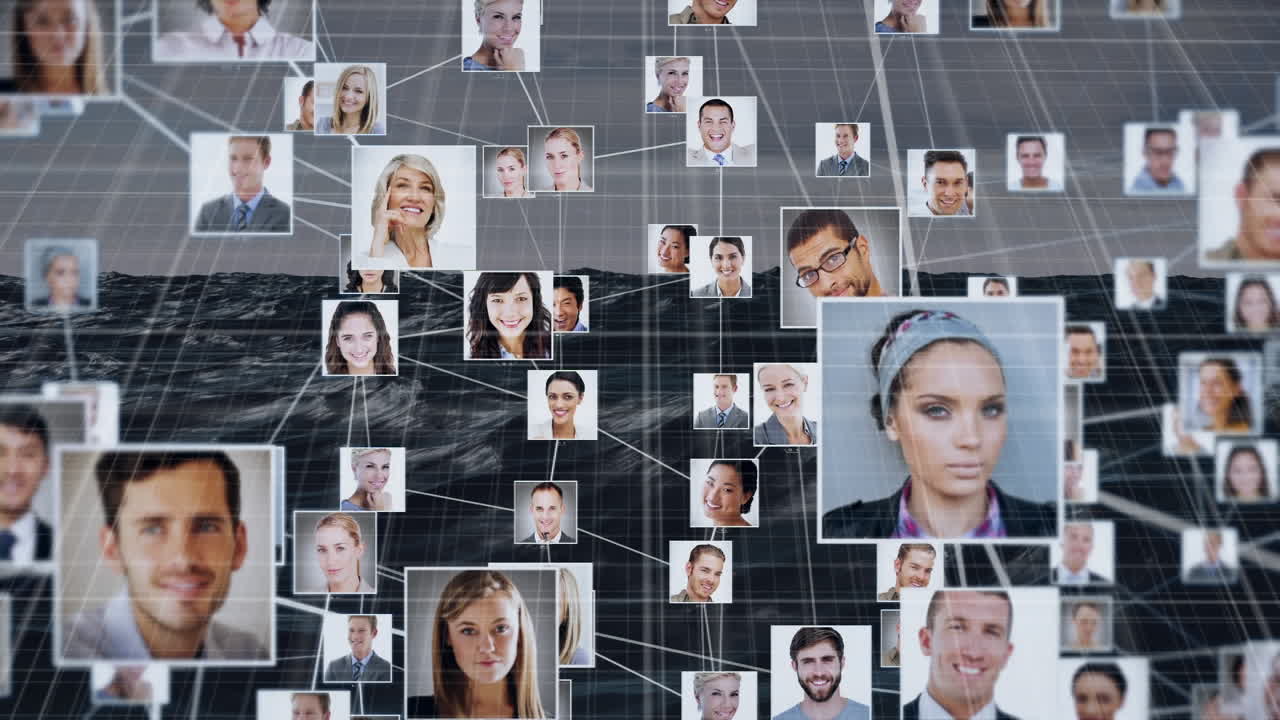 animación de la red de conexiones con personas fotos sobre el mar