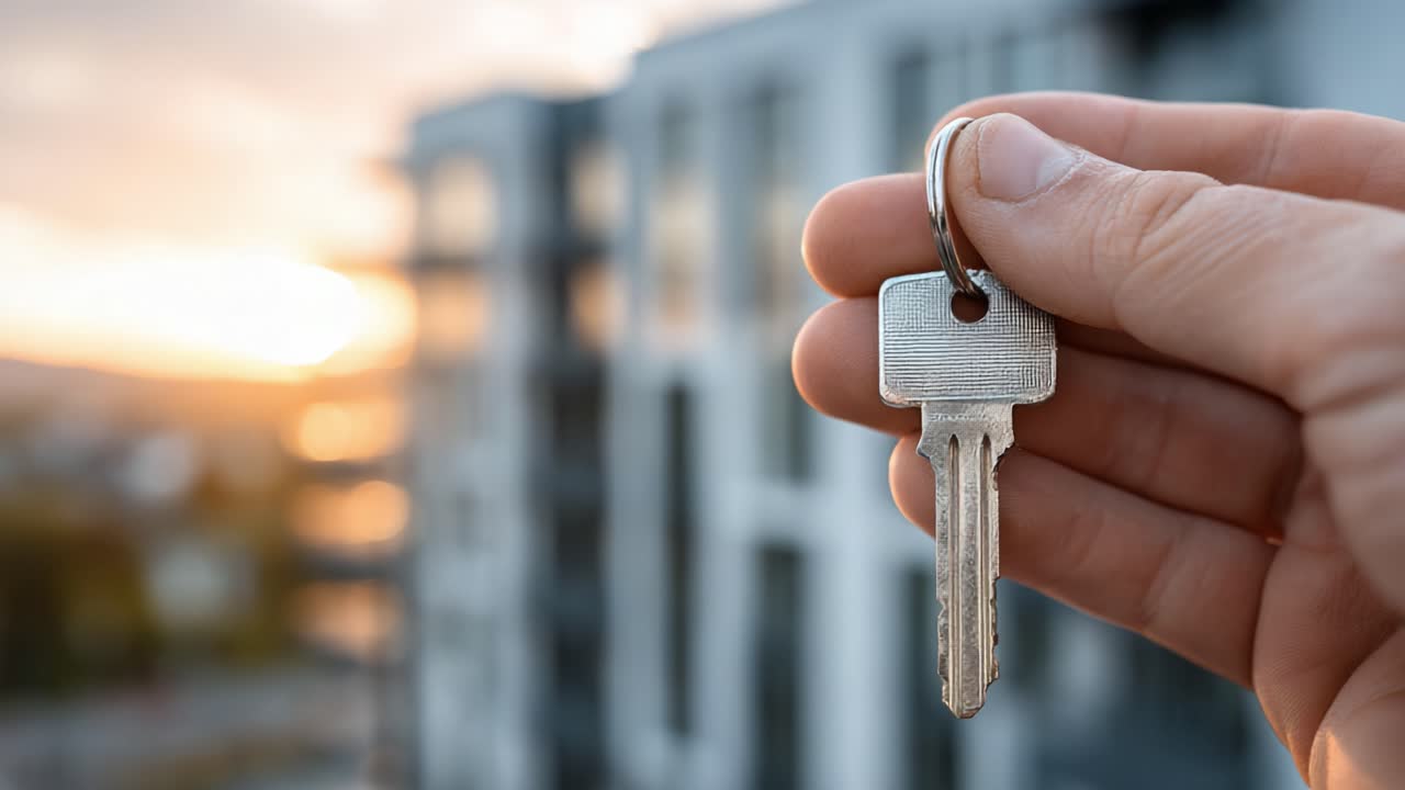 Una Persona che Tiene una Chiave Davanti a un Edificio Moderno Durante il Tramonto, Simboleggiando Nuovi Inizi e Opportunità nel Settore Immobiliare