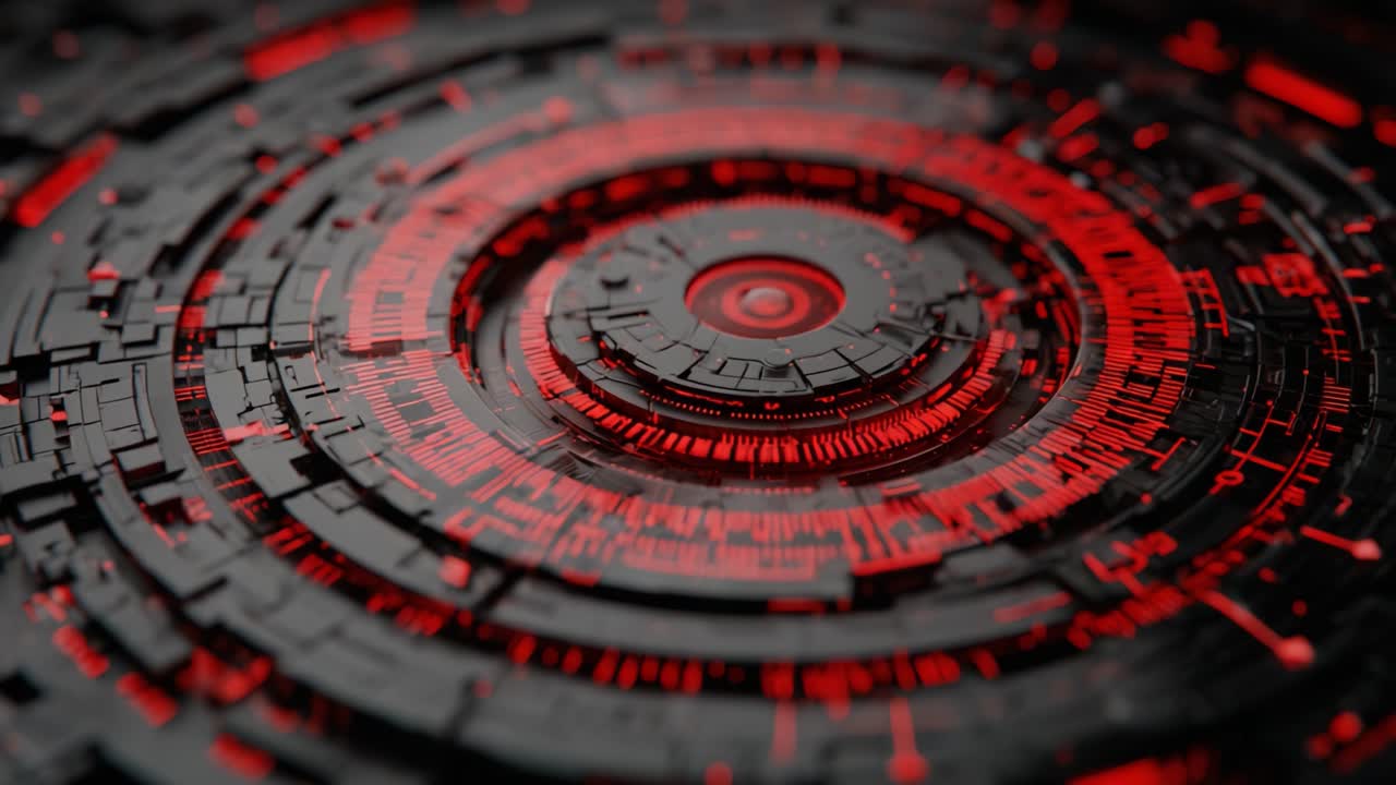 Intricate Geometric Patterns in a Red and Black Color Palette Showcase a Futuristic Circular Design, Reflecting Sophisticated Technology and Abstract Artistry