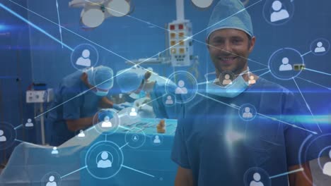 Animation-of-network-of-connections-over-smiling-male-surgeon-in-operating-theatre