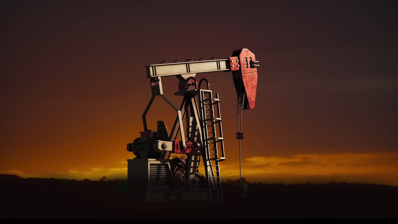 animación de la bomba de aceite trabajando durante la puesta del sol y el paisaje en el fondo