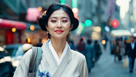 a beautiful asian woman wearing a kimono in the city