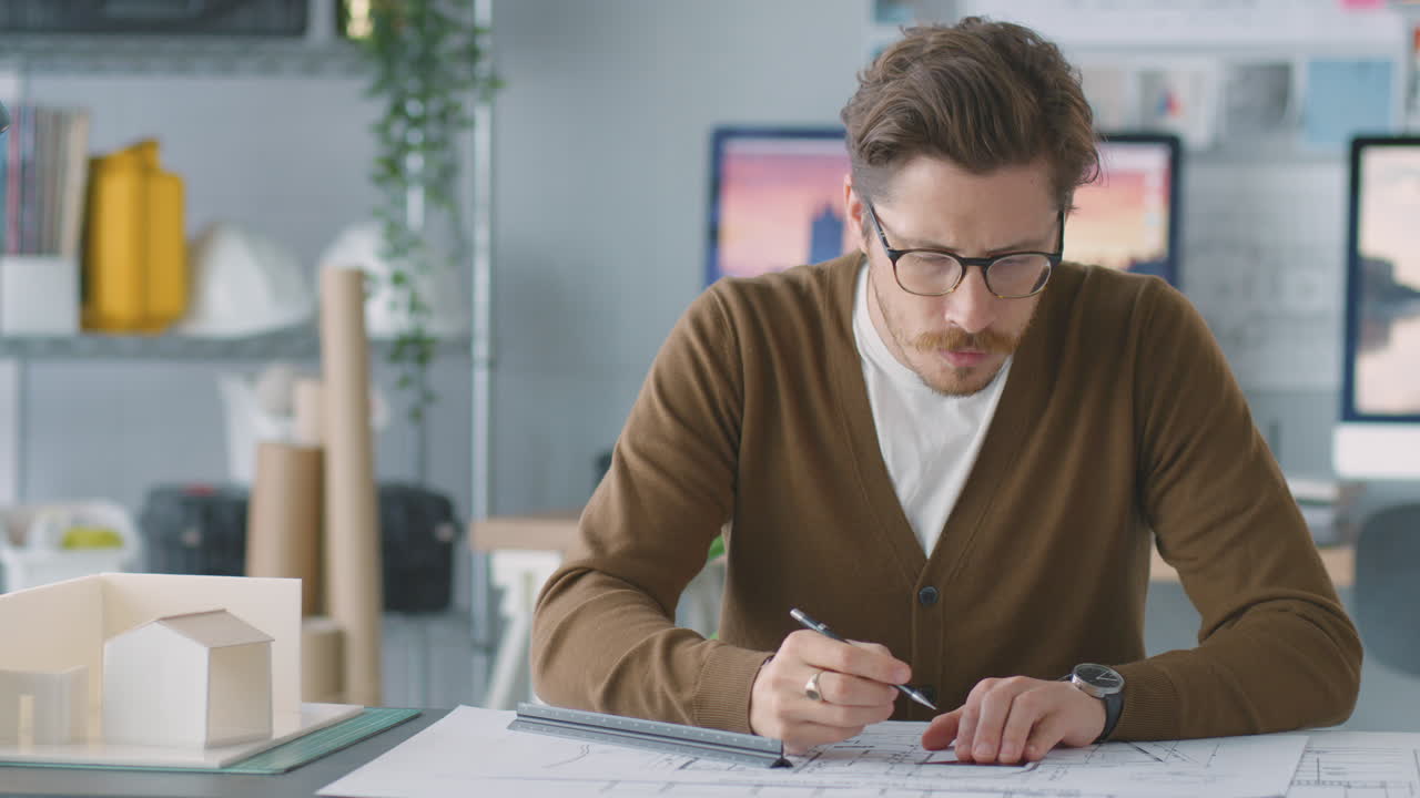 arquitecto masculino en la oficina trabajando en el escritorio con el modelo del edificio haciendo notas en el plan