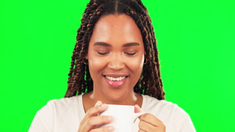 Glückliche-Schwarze-Frau,-Gesicht-Und-Kaffee-Trinken