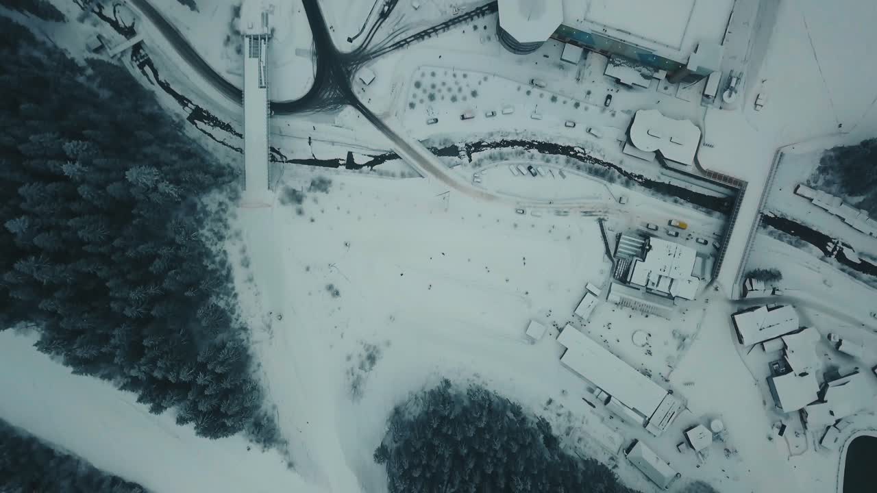 Aerial view of a snow-covered town in winter