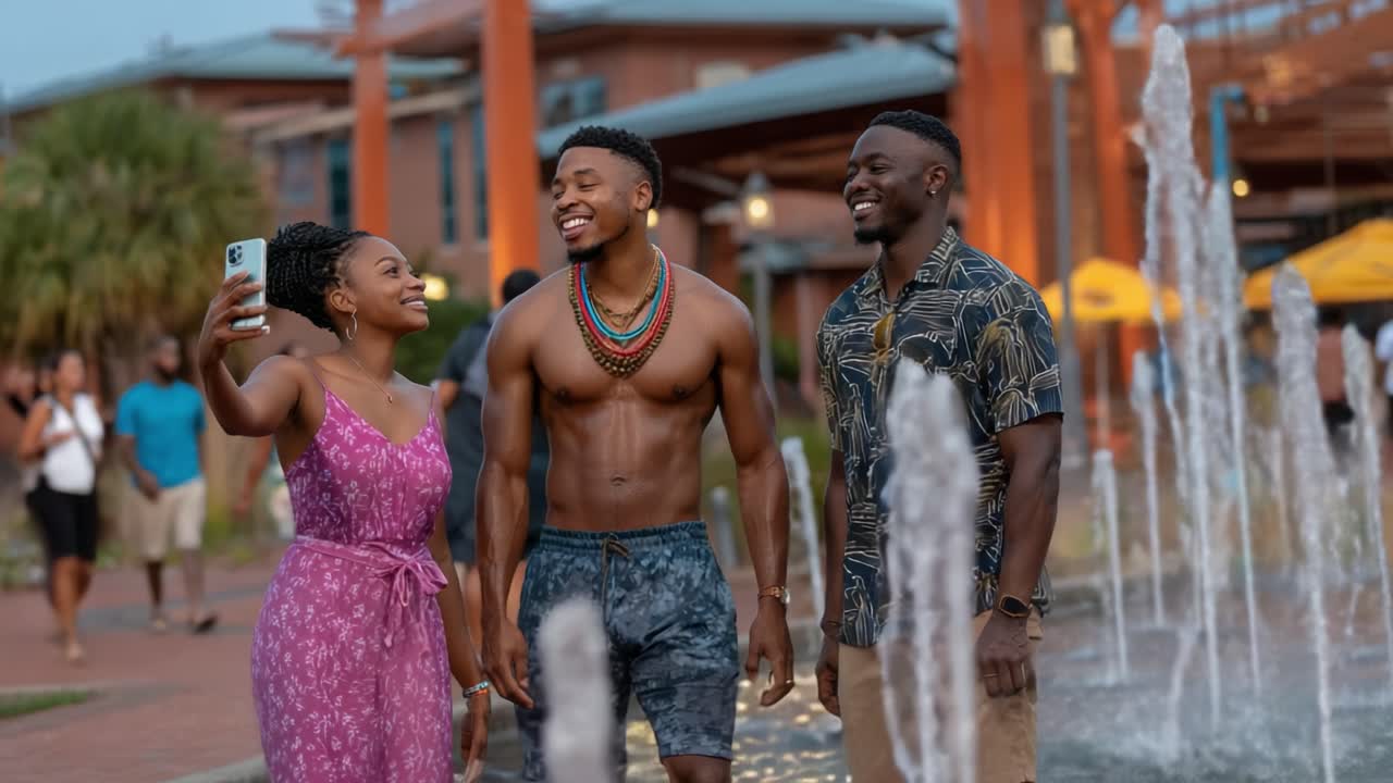 A Joyous Moment: Three Friends Embrace Summer Vibes While Capturing Memories Near a Splendid Fountain on a Beautiful Evening Out Together