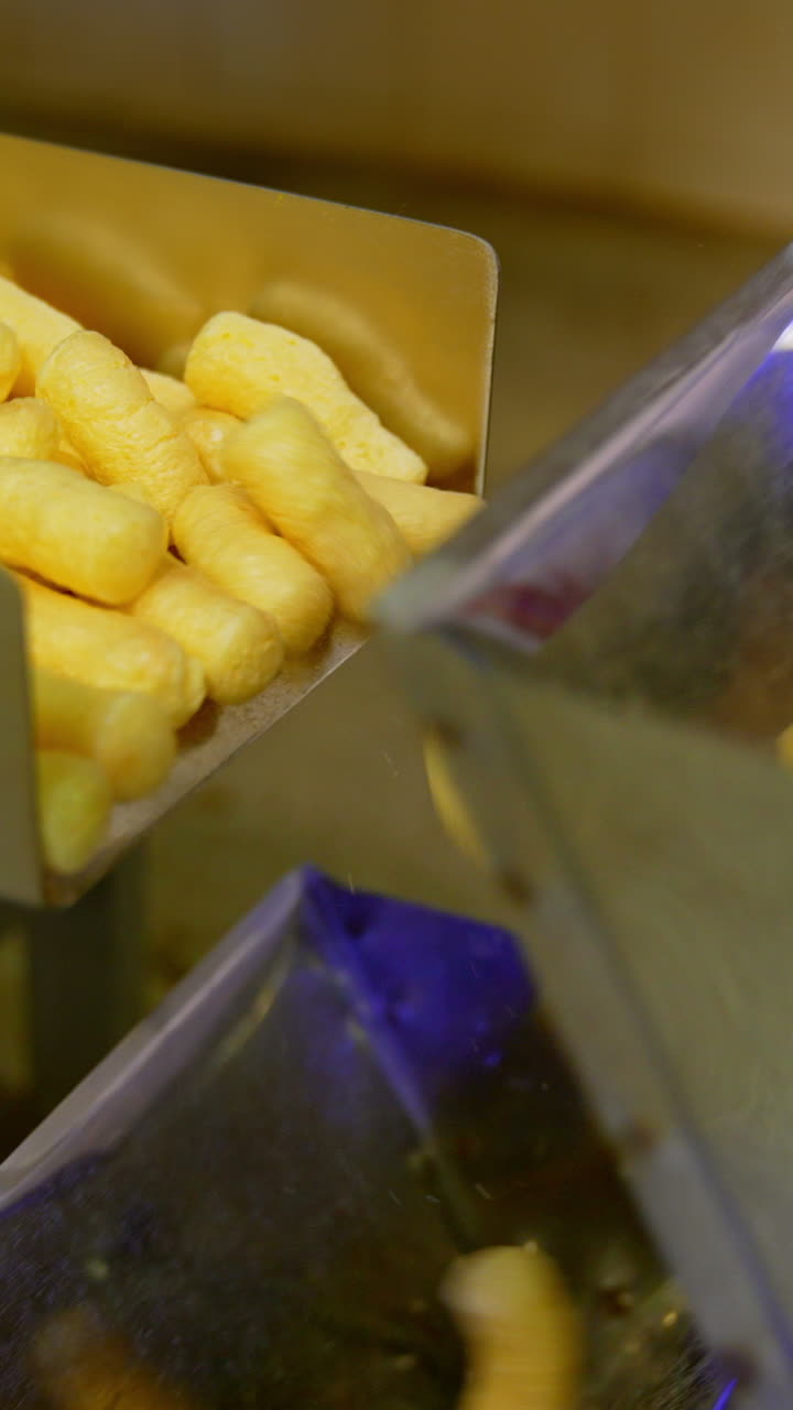 Crispy yellow corn sticks moving by the conveyor belt. Sweet snacks production at modern food factory. Close up. Vertical video