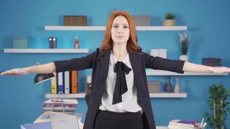 exercises that can be done in the office. business woman doing standing exercises.