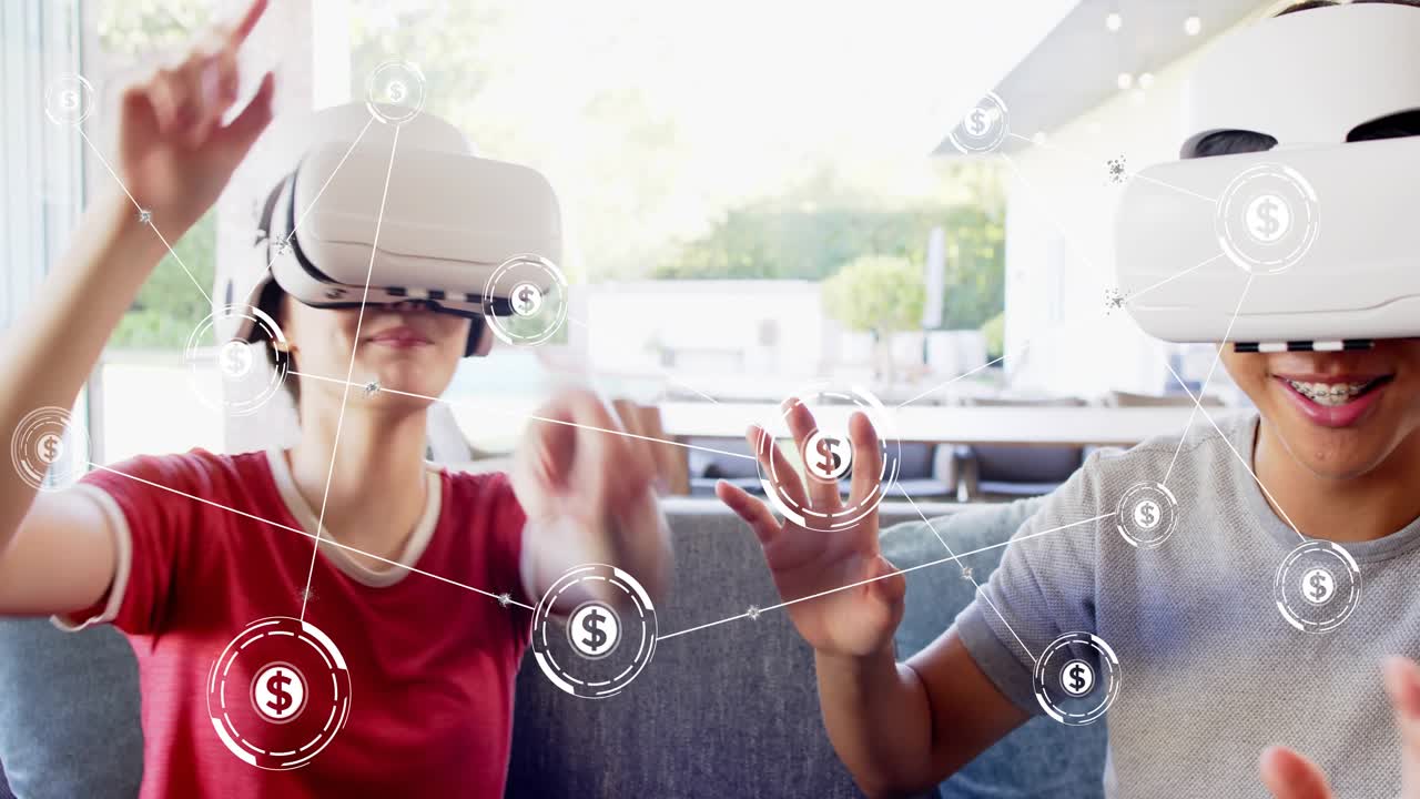 Bringing VR headsets, man and woman manipulating dollar nodes on couch by window finance app