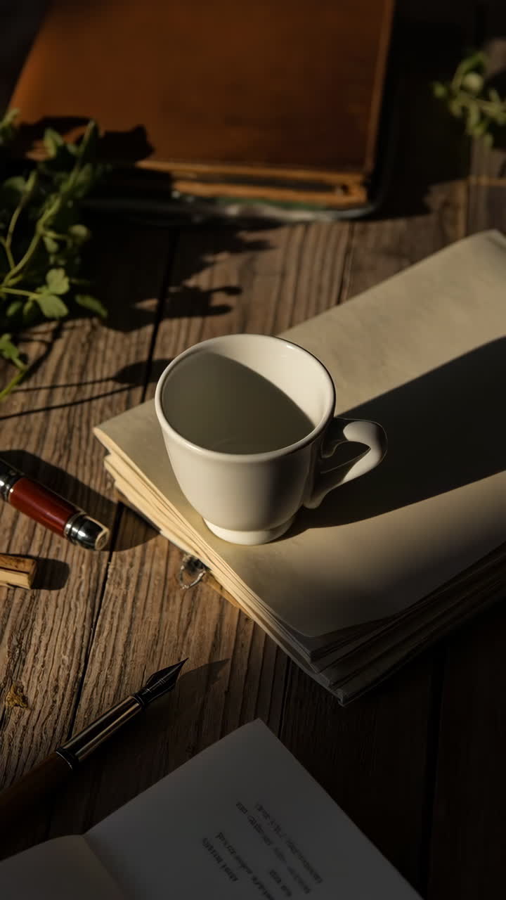 A cozy desk setup with a cup, papers, and a pen on a wooden table