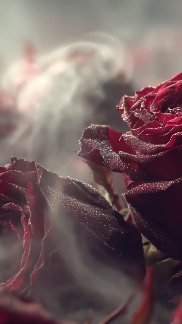 Una vista ravvicinata di rose rosse splendidamente conservate con gocce di rugiada, che cattura l'eleganza e la bellezza senza tempo dei fiori della natura in un'atmosfera delicatamente illuminata.
